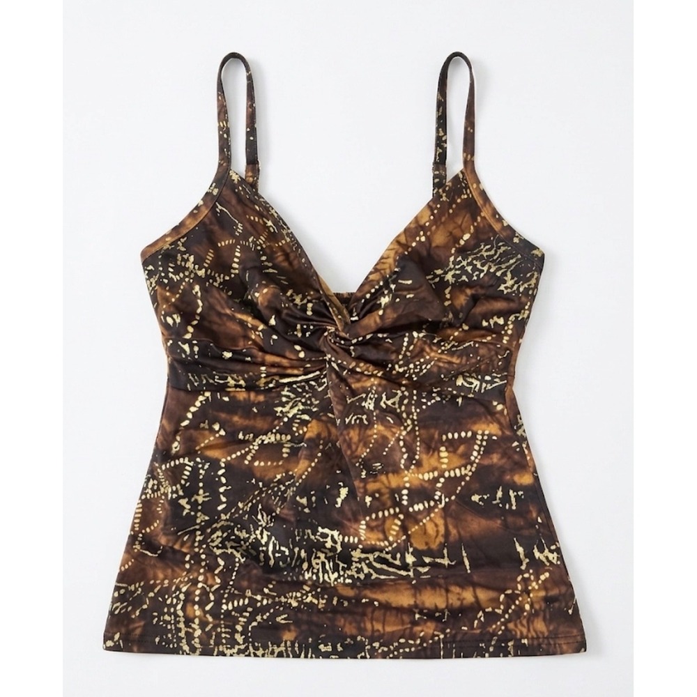 Miraclesuit Brown Gold Abstract Batik s8 Tankini Swim‎ Top Twist Front slimming